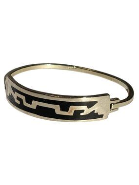 Vintage MEXICO Sterling Silver Black Enamel Aztec Hinged 7.25” Bracelet SEE PICS